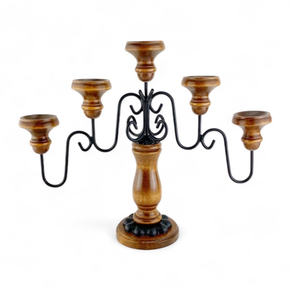Homco Wrought Iron And Wood 5 Arm Candelabra Taper Candlestick Holders 1970s​